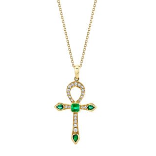 Eternal Ankh Pavé Diamond and Emerald Necklace | Ready to Ship Yellow Gold 18" Rope by Logan Hollowell Jewelry