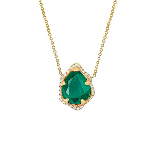 Baby Queen Water Drop Emerald Necklace with Full Pavé Diamond Halo Yellow Gold   by Logan Hollowell Jewelry
