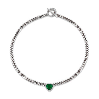 Large Emerald Heart Pavé Unity Toggle Cuban Necklace 14" White Gold  by Logan Hollowell Jewelry