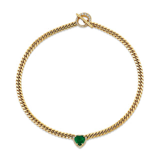 Large Emerald Heart Pavé Unity Toggle Cuban Necklace 14" Yellow Gold  by Logan Hollowell Jewelry