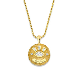 Medium Natural or Lab Created Diamond Angel Eye Coin Necklace w/ Tapered Baguettes Yellow Gold 16" Natural by Logan Hollowell Jewelry