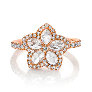 Eternal Jardin Rose Cut Diamond Marquise Flower Ring with Pave Halo 3 Rose Gold  by Logan Hollowell Jewelry