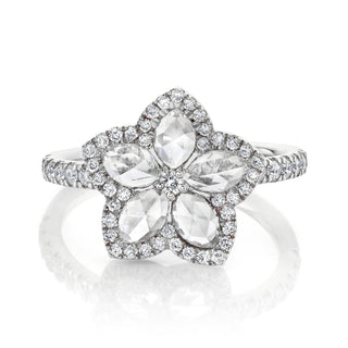 Eternal Jardin Rose Cut Diamond Marquise Flower Ring with Pave Halo 3 White Gold  by Logan Hollowell Jewelry
