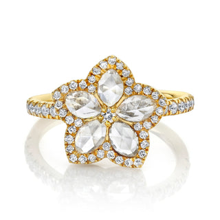 Eternal Jardin Rose Cut Diamond Marquise Flower Ring with Pave Halo 3 Yellow Gold  by Logan Hollowell Jewelry