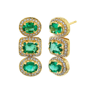 18k Triple Queen Emerald Earrings w/ Sprinkled Diamond Halo Yellow Gold   by Logan Hollowell Jewelry