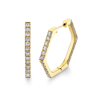 French Pave Diamond Hex Hoops Yellow Gold Pair  by Logan Hollowell Jewelry