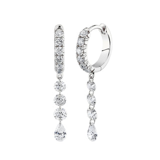 French Pave Diamond Huggies with Mini Eau de Rose Diamond Drops White Gold Pair  by Logan Hollowell Jewelry