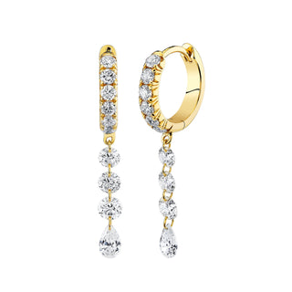 French Pave Diamond Huggies with Mini Eau de Rose Diamond Drops Yellow Gold Pair  by Logan Hollowell Jewelry