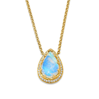 One of a Kind Queen Water Drop Rose Cut Moonstone Necklace w/ Graduated Pave Diamond Halo Yellow Gold 16-18"  by Logan Hollowell Jewelry