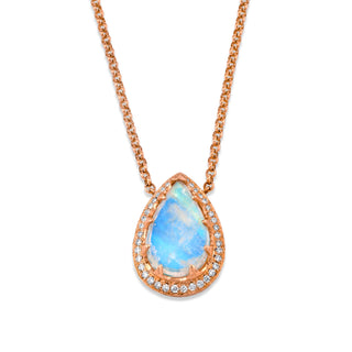 One of a Kind Queen Water Drop Rose Cut Moonstone Necklace w/ Graduated Pave Diamond Halo Rose Gold 16-18"  by Logan Hollowell Jewelry