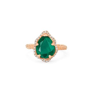 Baby Queen Water Drop Zambian Emerald Ring with Full Pavé Diamond Halo Rose Gold 4  by Logan Hollowell Jewelry