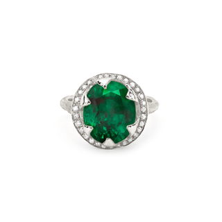 Queen Oval Zambian Emerald Ring with Full Pavé Diamond Halo White Gold 5  by Logan Hollowell Jewelry