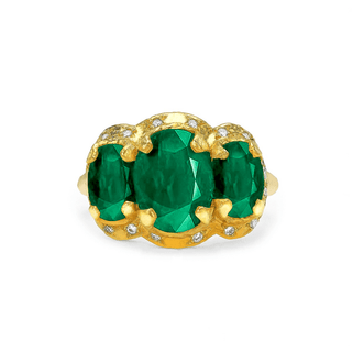 Queen Triple Goddess Emerald Ring with Sprinkled Diamonds Yellow Gold 5  by Logan Hollowell Jewelry