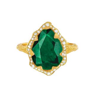 Queen Water Drop Zambian Emerald Ring with Full Pavé Diamond Halo Yellow Gold 4  by Logan Hollowell Jewelry
