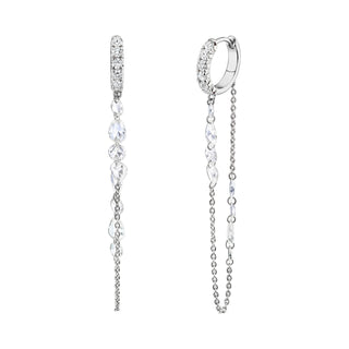 French Pave Diamond Huggies with Eau de Rose Cut Diamond Iris Chain Drops White Gold Pair  by Logan Hollowell Jewelry