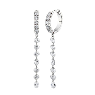 French Pave Diamond Huggies with Long Eau de Rose Diamond Drops White Gold Pair  by Logan Hollowell Jewelry
