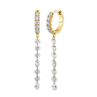 French Pave Diamond Huggies with Long Eau de Rose Diamond Drops Yellow Gold Pair  by Logan Hollowell Jewelry