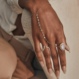 18k Classic Queen Moonstone Water Drop Ring with Large Full Pave Halo    by Logan Hollowell Jewelry
