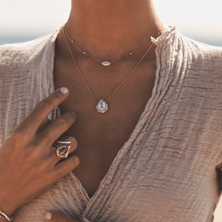 Queen Water Drop Moonstone Necklace with Full Pavé Diamond Halo    by Logan Hollowell Jewelry