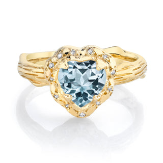 Atlantis Baby Heart Aquamarine Ring with Sprinkled Diamonds 4 Yellow Gold  by Logan Hollowell Jewelry