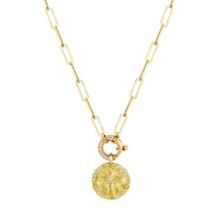 Alchemy Link Charm Necklace with Pavé Diamonds and 18k Pave Diamond Cross Coin Charm Yellow Gold 16"  by Logan Hollowell Jewelry