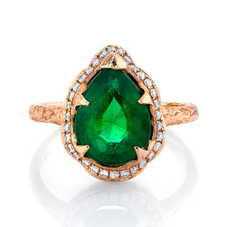 18k Premium Water Drop Zambian Emerald Baby Queen Ring with Full Pavé Diamond Halo Rose Gold 4  by Logan Hollowell Jewelry