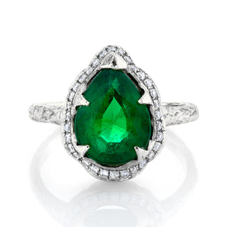 18k Premium Water Drop Zambian Emerald Baby Queen Ring with Full Pavé Diamond Halo White Gold 4  by Logan Hollowell Jewelry