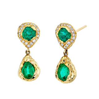 Atlantis Emerald Water Drop Studs with Pave Diamond Halo Pair Yellow Gold  by Logan Hollowell Jewelry