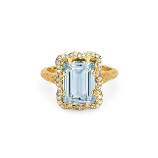 18k Queen Emerald Cut Aquamarine Ring with Full Pavé Diamond Halo 4 Yellow Gold  by Logan Hollowell Jewelry