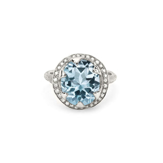 Baby Queen Oval Aquamarine Ring with Full Pavé Diamond Halo 4 White Gold  by Logan Hollowell Jewelry
