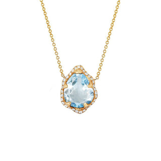 Baby Queen Water Drop Aquamarine Necklace with Full Pavé Diamond Halo Yellow Gold   by Logan Hollowell Jewelry