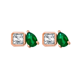 Lovers Duet Diamond & Emerald Studs Rose Gold Pair  by Logan Hollowell Jewelry