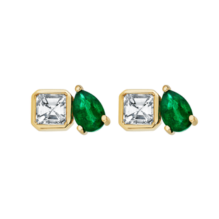Lovers Duet Diamond & Emerald Studs Yellow Gold Pair  by Logan Hollowell Jewelry