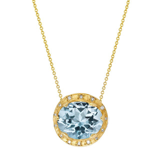Queen Oval Aquamarine Necklace with Sprinkled Diamonds Yellow Gold   by Logan Hollowell Jewelry