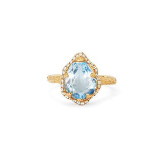 Baby Queen Water Drop Aquamarine Ring with Full Pavé Diamond Halo 4 Yellow Gold  by Logan Hollowell Jewelry