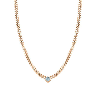 Cuban Chain Choker with Aquamarine Heart Center 14" Rose Gold  by Logan Hollowell Jewelry
