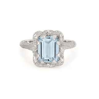 18k Queen Emerald Cut Aquamarine Ring with Sprinkled Diamonds 4 White Gold  by Logan Hollowell Jewelry