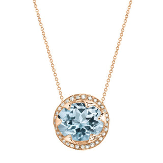 Queen Oval Aquamarine Necklace with Full Pavé Diamond Halo Rose Gold   by Logan Hollowell Jewelry