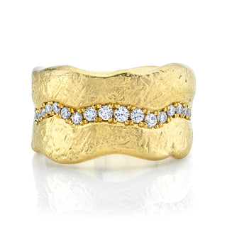 18k Atlantis Wave Ring with Single Row Pavé Diamonds 4 Yellow Gold  by Logan Hollowell Jewelry