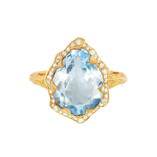Queen Water Drop Aquamarine Ring with Full Pavé Diamond Halo 4 Yellow Gold  by Logan Hollowell Jewelry