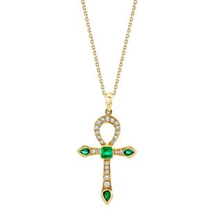 Eternal Ankh Pavé Diamond and Emerald Necklace Yellow Gold 18"  by Logan Hollowell Jewelry