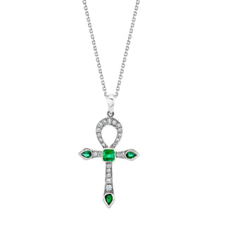 Eternal Ankh Pavé Diamond and Emerald Necklace White Gold 18"  by Logan Hollowell Jewelry