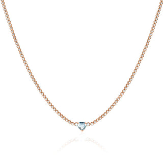 Diamond Goddess Choker with Aquamarine Heart Center 14" Rose Gold  by Logan Hollowell Jewelry