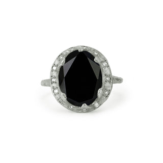 Queen Oval Onyx Ring with Sprinkled Diamonds White Gold 5  by Logan Hollowell Jewelry