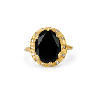 Queen Oval Onyx Ring with Sprinkled Diamonds Yellow Gold 5  by Logan Hollowell Jewelry