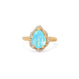 Baby Queen Water Drop Blue Opal Ring with Full Pavé Diamond Halo Yellow Gold 4  by Logan Hollowell Jewelry