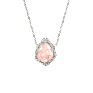 Baby Queen Water Drop Morganite Necklace with Full Pavé Halo White Gold   by Logan Hollowell Jewelry