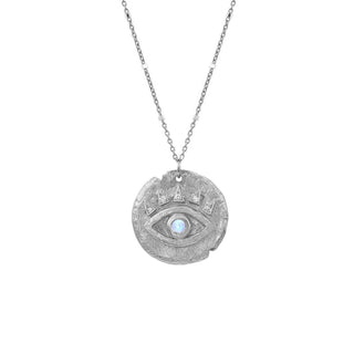 Moonstone Baby Eye of Protection Coin Pendant 16" White Gold Twinkle Chain by Logan Hollowell Jewelry