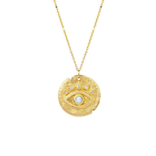Moonstone Baby Eye of Protection Coin Pendant 16" Yellow Gold Ball Chain by Logan Hollowell Jewelry