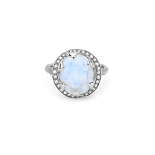 Baby Queen Oval Moonstone Ring with Full Pavé Diamond Halo White Gold 4  by Logan Hollowell Jewelry
